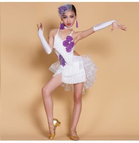 Violet purple royal blue hot pink green white fringes patchwork girls kids children performance competition backless latin salsa dance dresses outfits